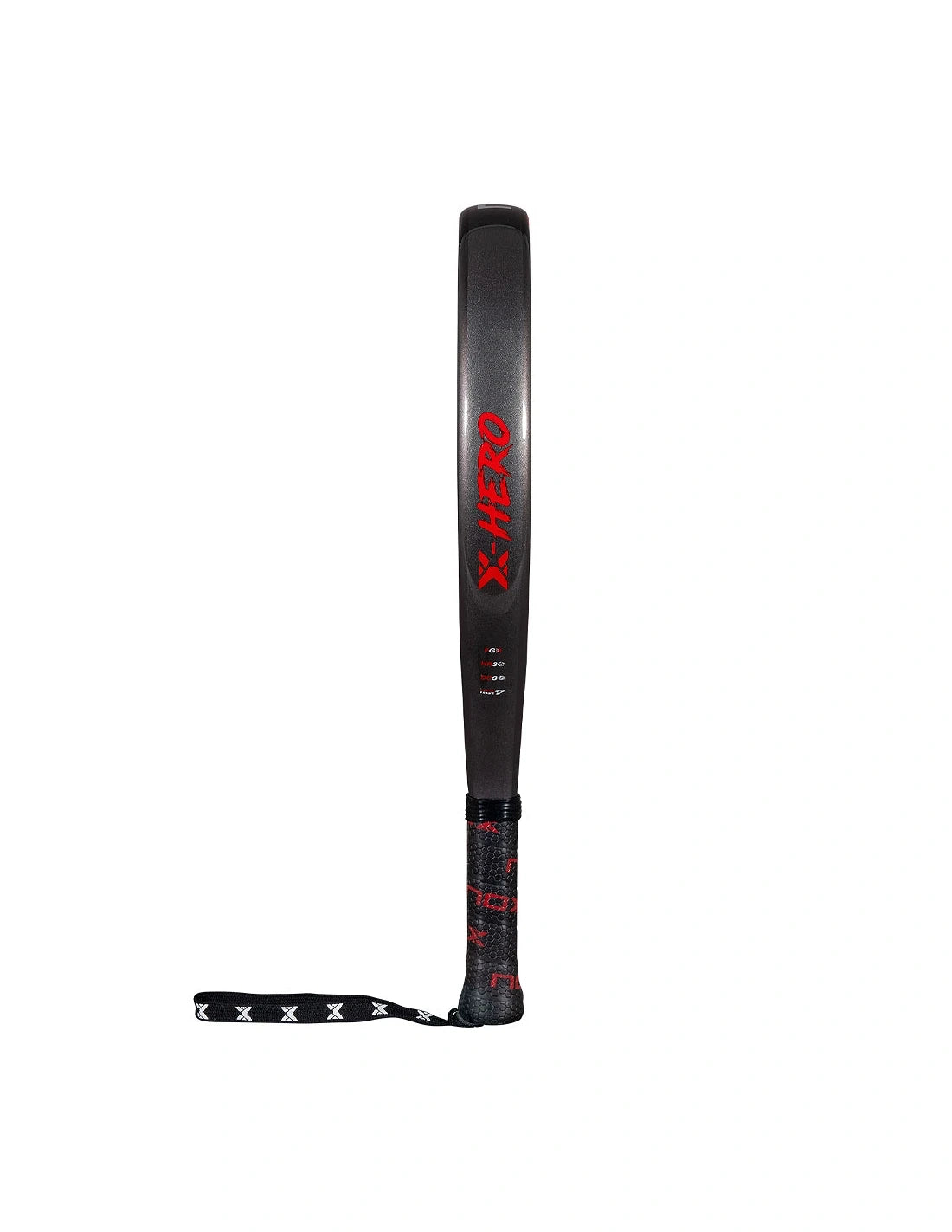Red NOX X-Hero padel racket by PDLSport with black accents, showing its sleek design and grip handle.
