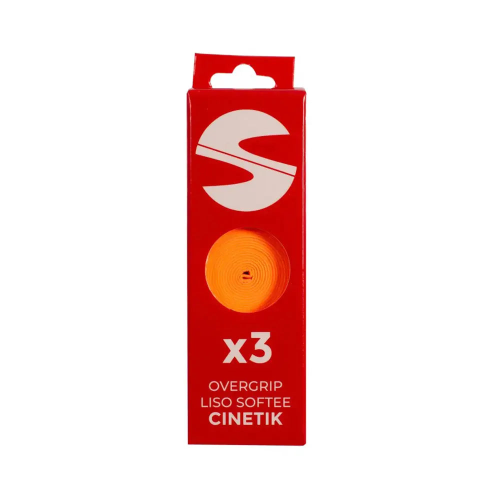 Pack of three Softee Cinetik orange overgrips for tennis or badminton, featuring smooth, comfortable grip surface.