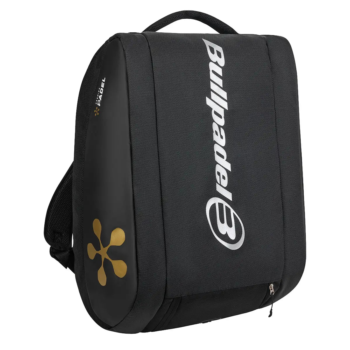 Bullpadel Vertex Geo Premier padel bag in black with multiple compartments and padded shoulder straps for easy carrying.