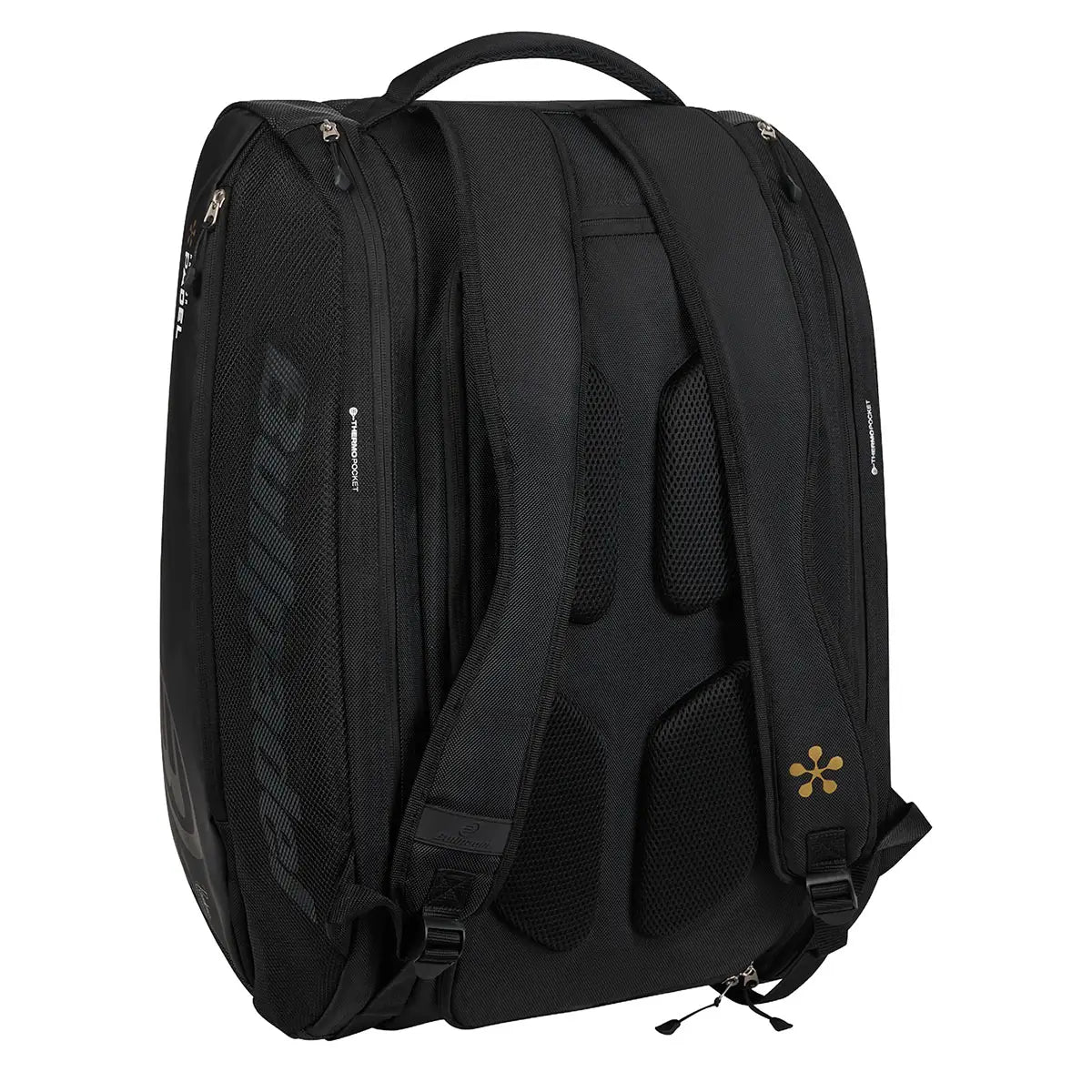 Black Bullpadel Vertex Geo Premier padel bag with multiple compartments and padded straps, designed for padel rackets and accessories.