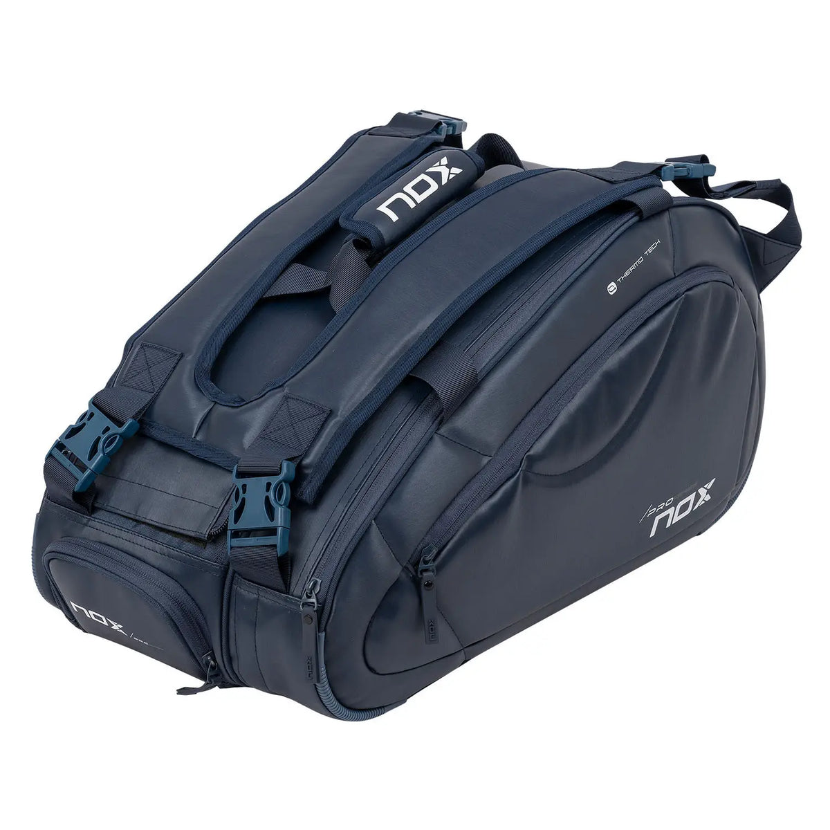 Blue Nox Pro Series 38L padel bag with multiple compartments and padded shoulder straps for easy carrying.