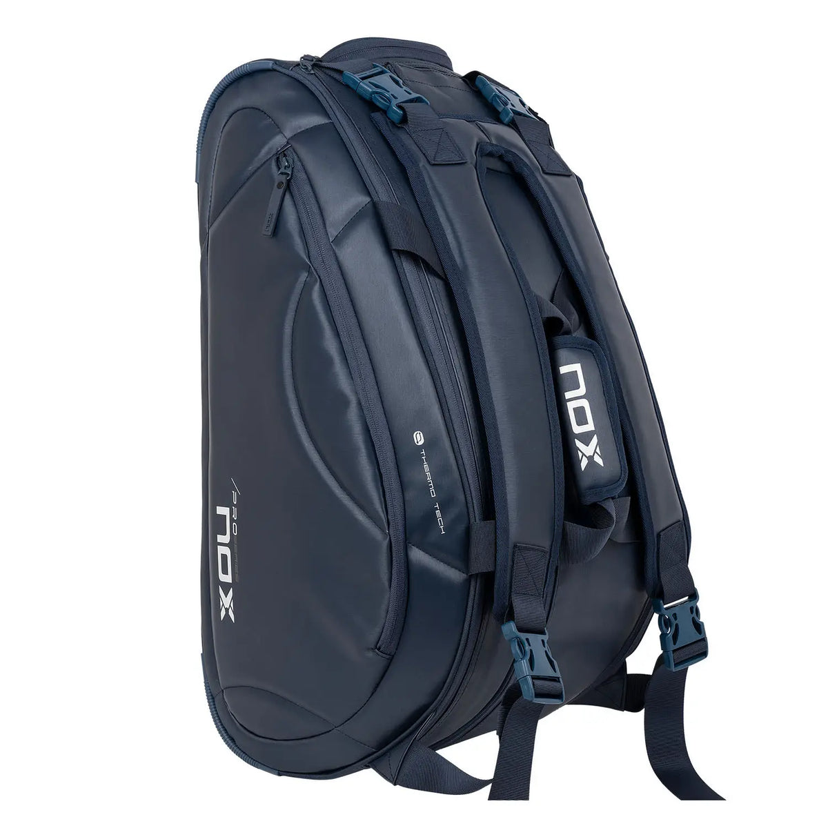 Blue Nox Pro Series 38L padel bag with multiple compartments and padded straps, designed for carrying padel rackets and gear.