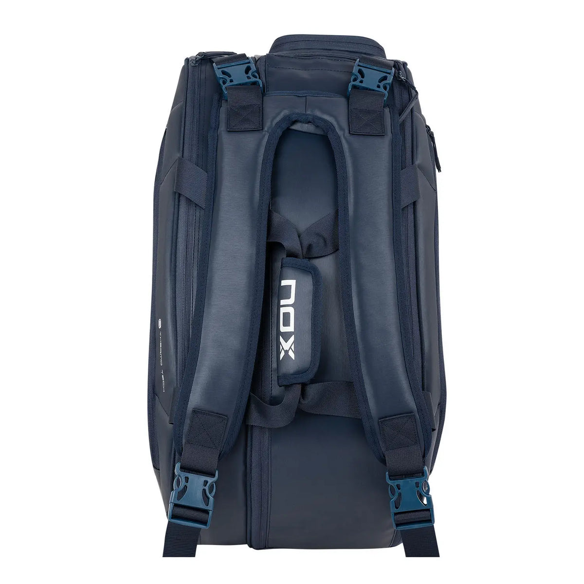 Blue Nox Pro Series 38L padel bag with multiple compartments and padded shoulder straps for easy carrying.