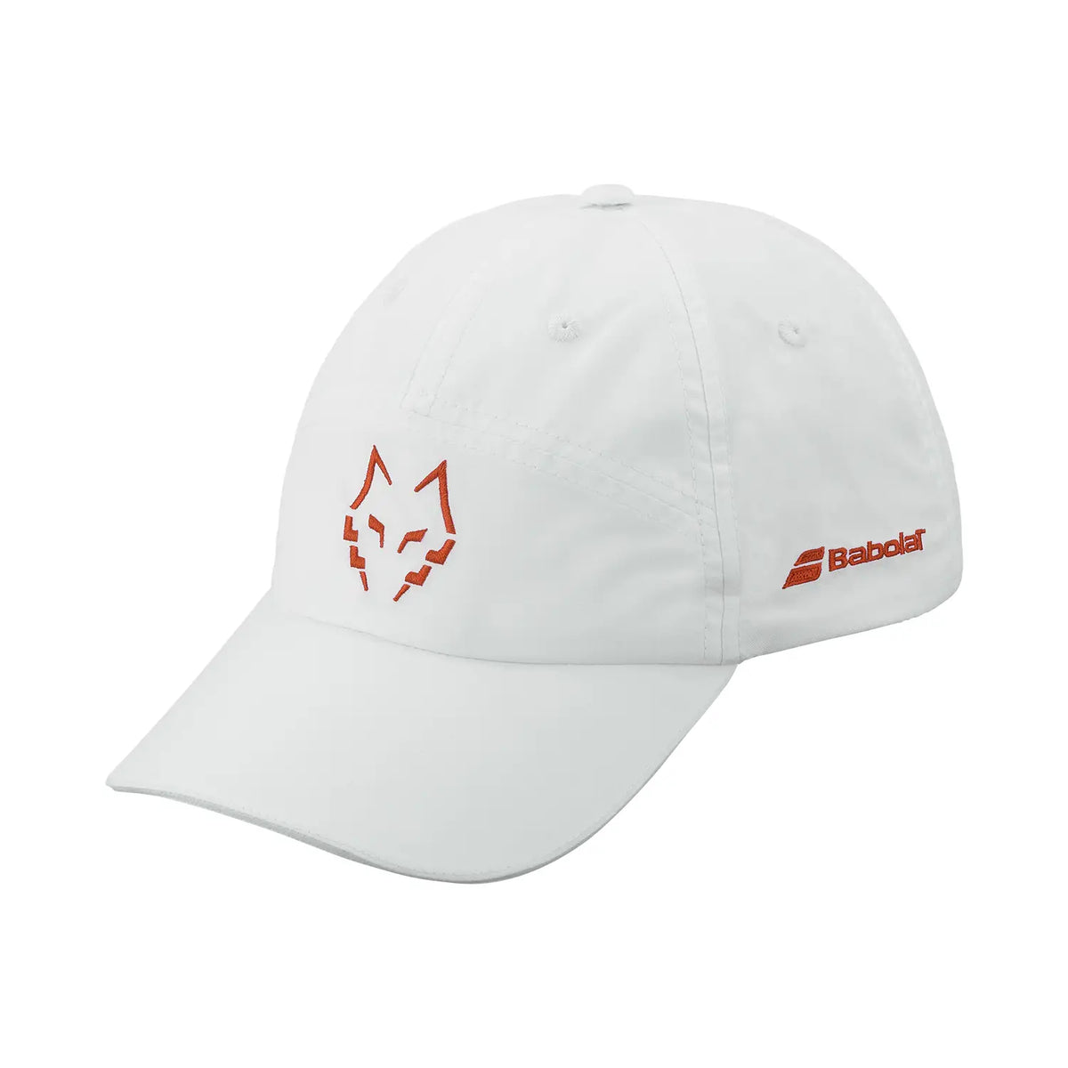 White Babolat Juan Lebrón cap with adjustable strap and Babolat logo, designed for tennis players.