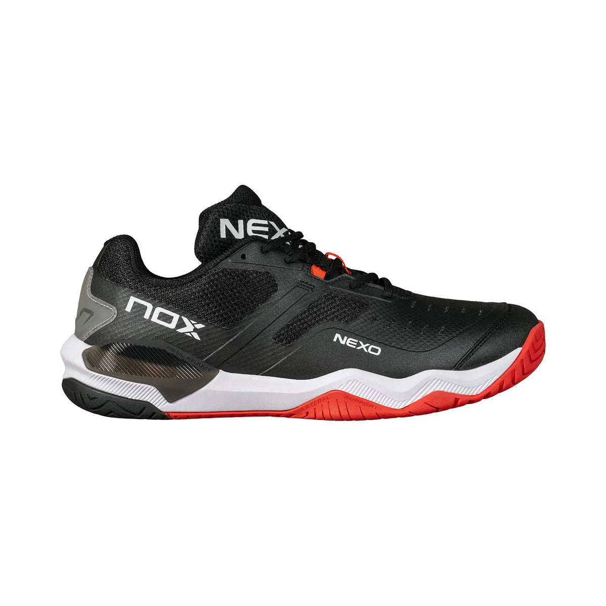 PDLSport NOX LUX NEXO pickleball shoes in black and red lava, UK 8.5, EU 42, showing the stylish athletic design