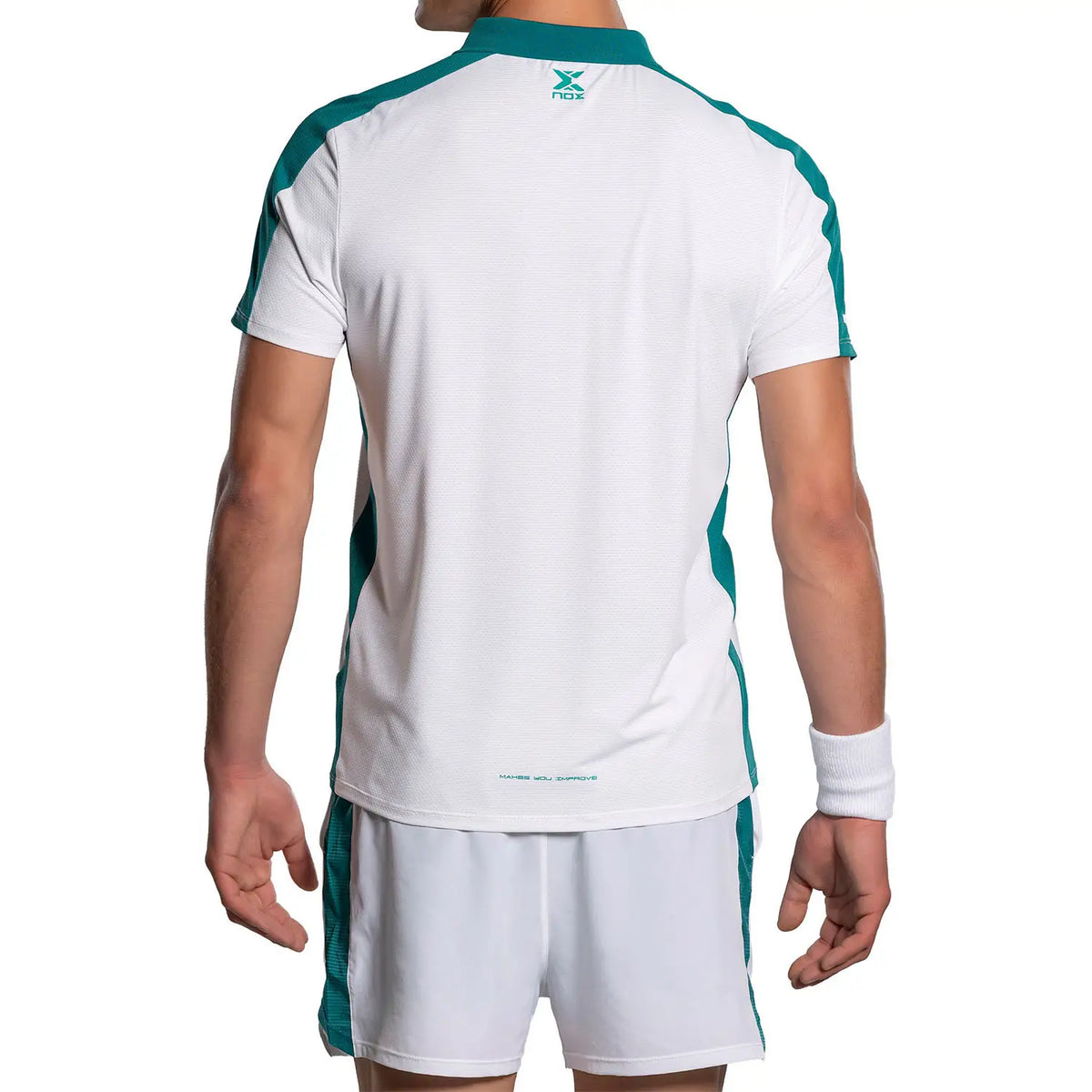 PDLSport NOX PRO Polo T-Shirt in white and ivy green, showing the front view with collar and logo details.