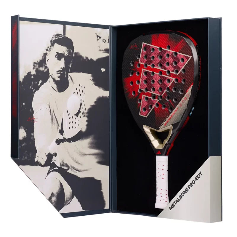 Adidas Metalbone Pro Edition 2026 padel racket in a special presentation box, showcasing the sleek design and branding.