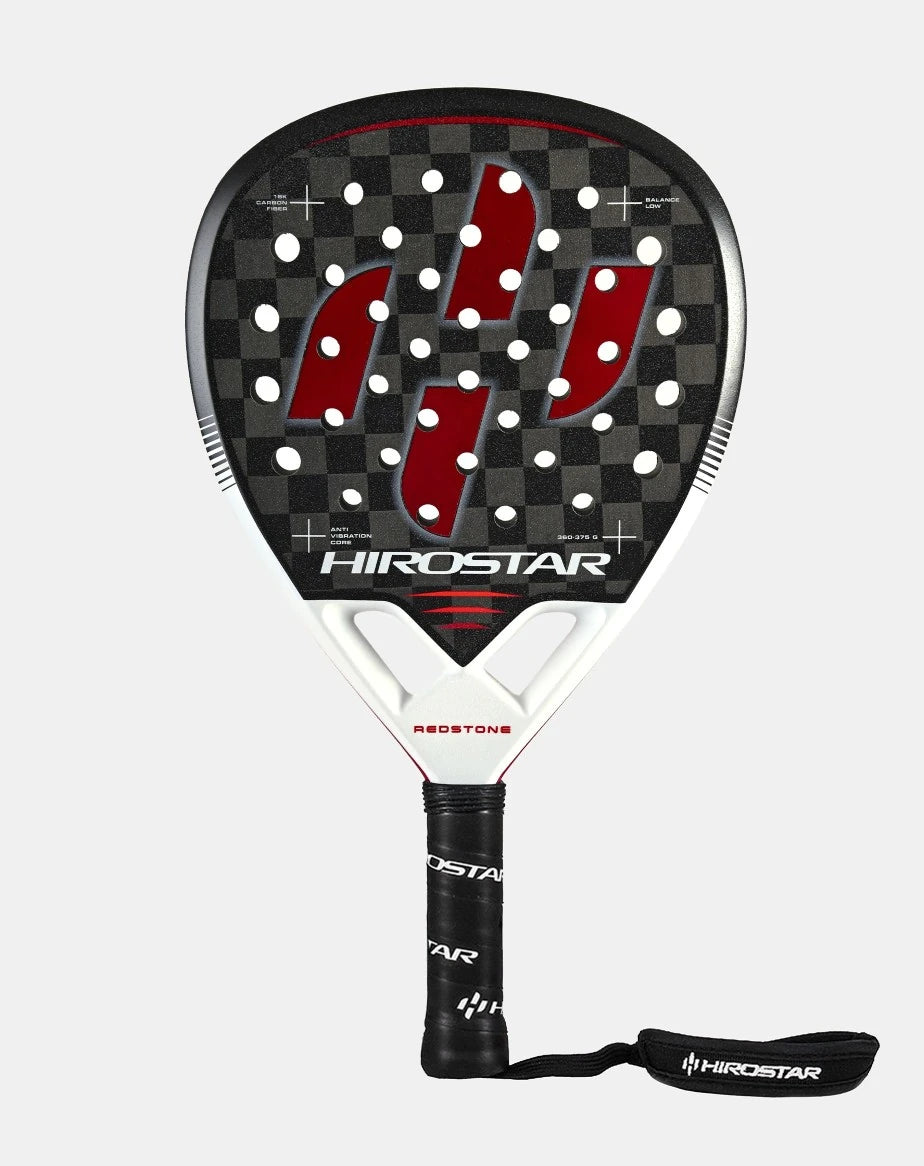 Hirostar Redstone 25 padel racket by PDLSport with red and black design, featuring a lightweight frame and textured hitting surface.