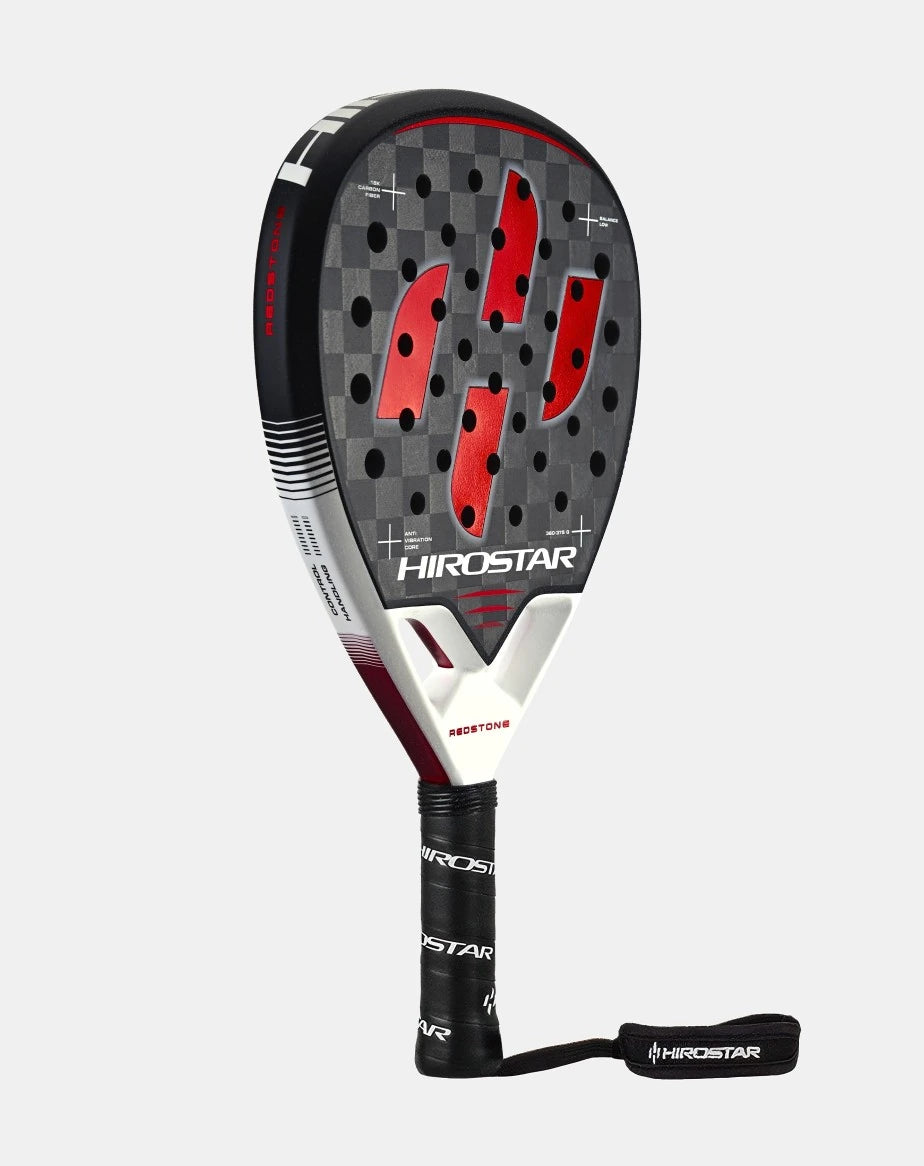 Hirostar Redstone 25 padel racket by PDLSport with red and black design, lightweight frame, and textured hitting surface.