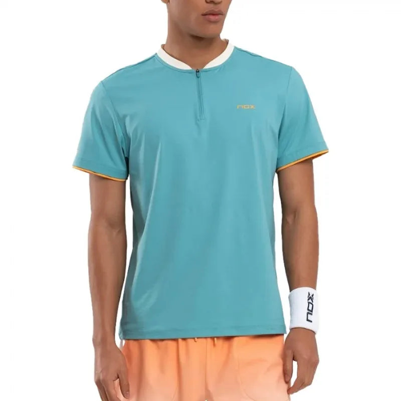 Nox Pro Polo T-Shirt in Dusty Turquoise, large size, showing front view with collar and short sleeves.