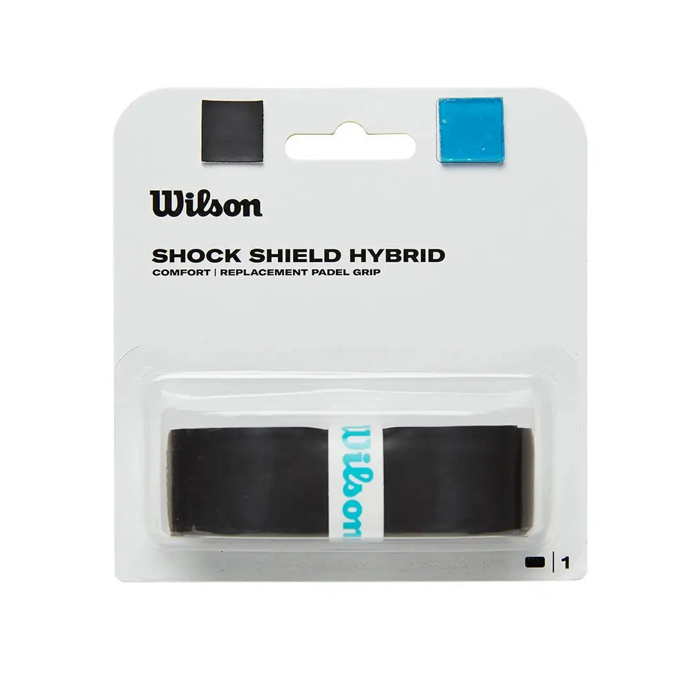 Wilson Shock Shield Hybrid Overgrip in black, featuring a textured grip surface for enhanced tennis racket handling and comfort.