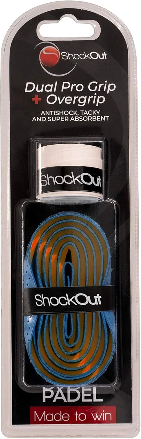 Shockout Dual Pro Grip and Overgrip in blue and orange, designed for tennis or squash rackets, with textured surface for enhanced grip.