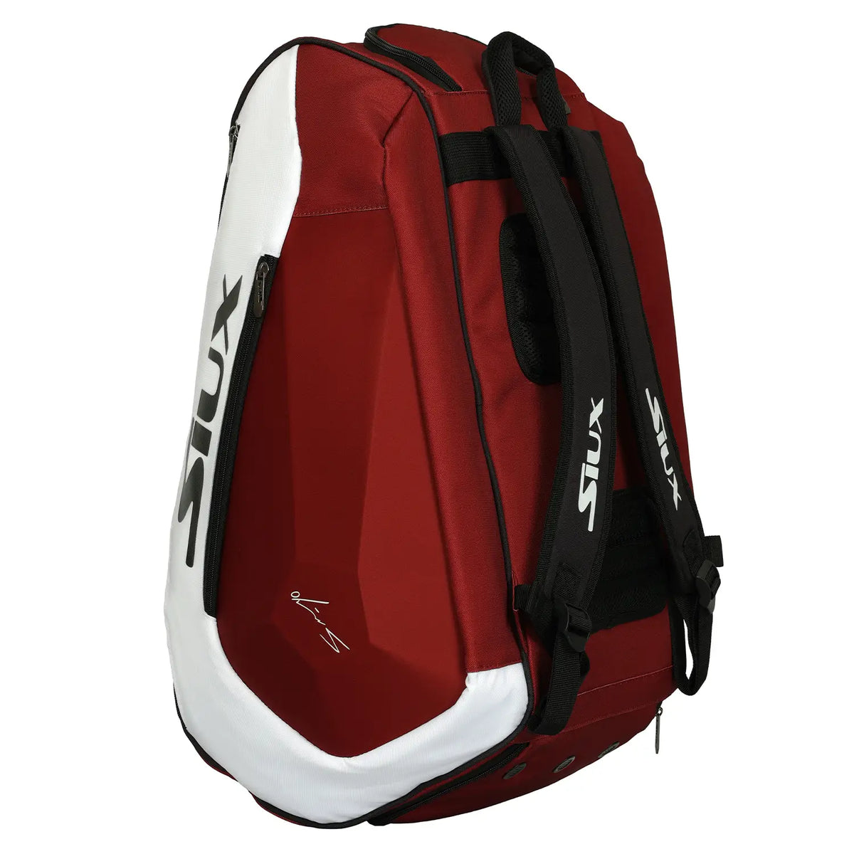 Maroon Siux Diablo Sanyo large padel bag with multiple compartments and handles, designed for convenient sports gear storage