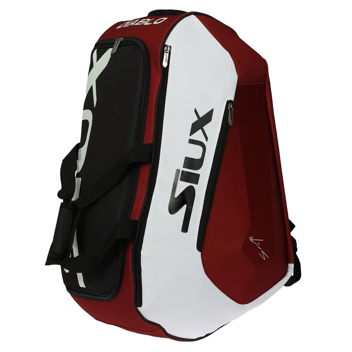 Large maroon Siux Diablo Sanyo padel bag with multiple compartments and padded shoulder straps, designed for easy gear organization.