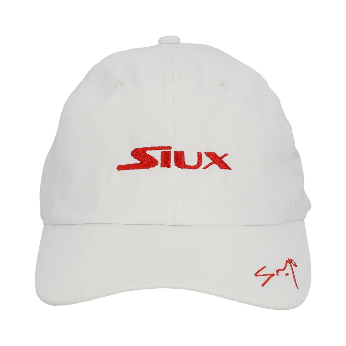 White Siux Diablo Sanyo padel tennis sports cap with curved brim and adjustable strap, featuring breathable fabric for active play.