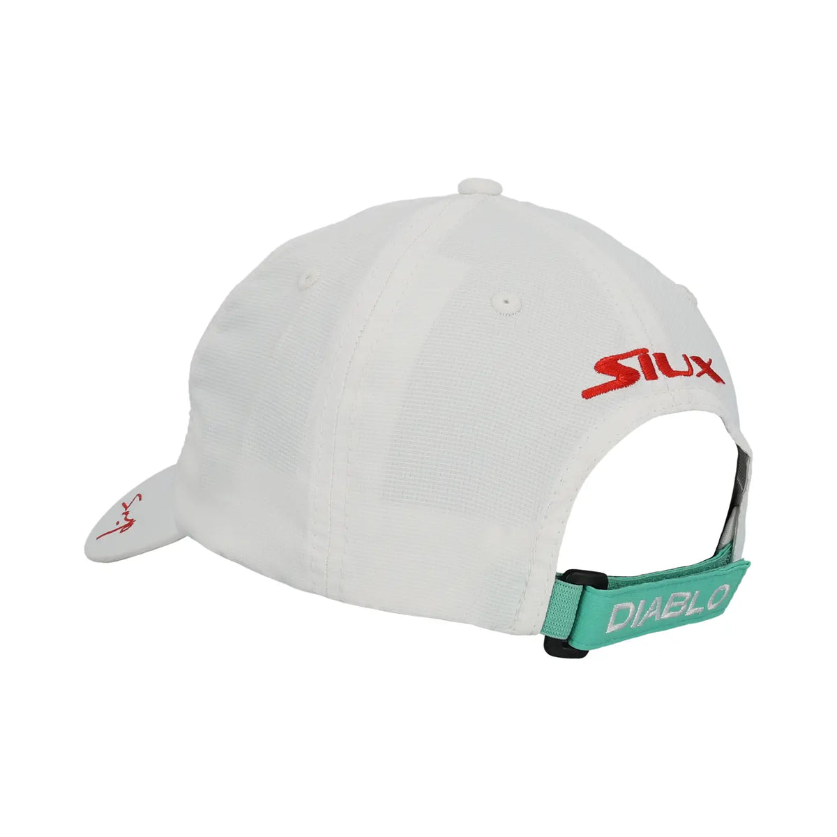 White Siux Diablo Sanyo padel tennis sports cap with adjustable strap and breathable fabric, designed for active sports enthusiasts.