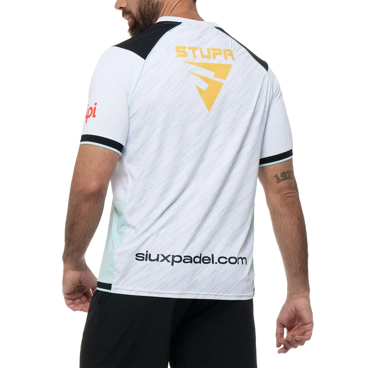 White SIUX Electra Stupa Official 2025 T-shirt by PDLSport, displayed flat with front view and crew neckline.