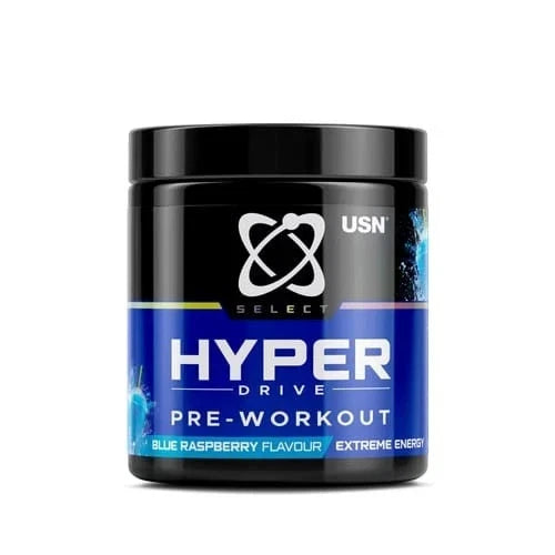 USN Select Hyper Drive pre-workout powder in blue raspberry flavor, 150g container with scoop and label details.