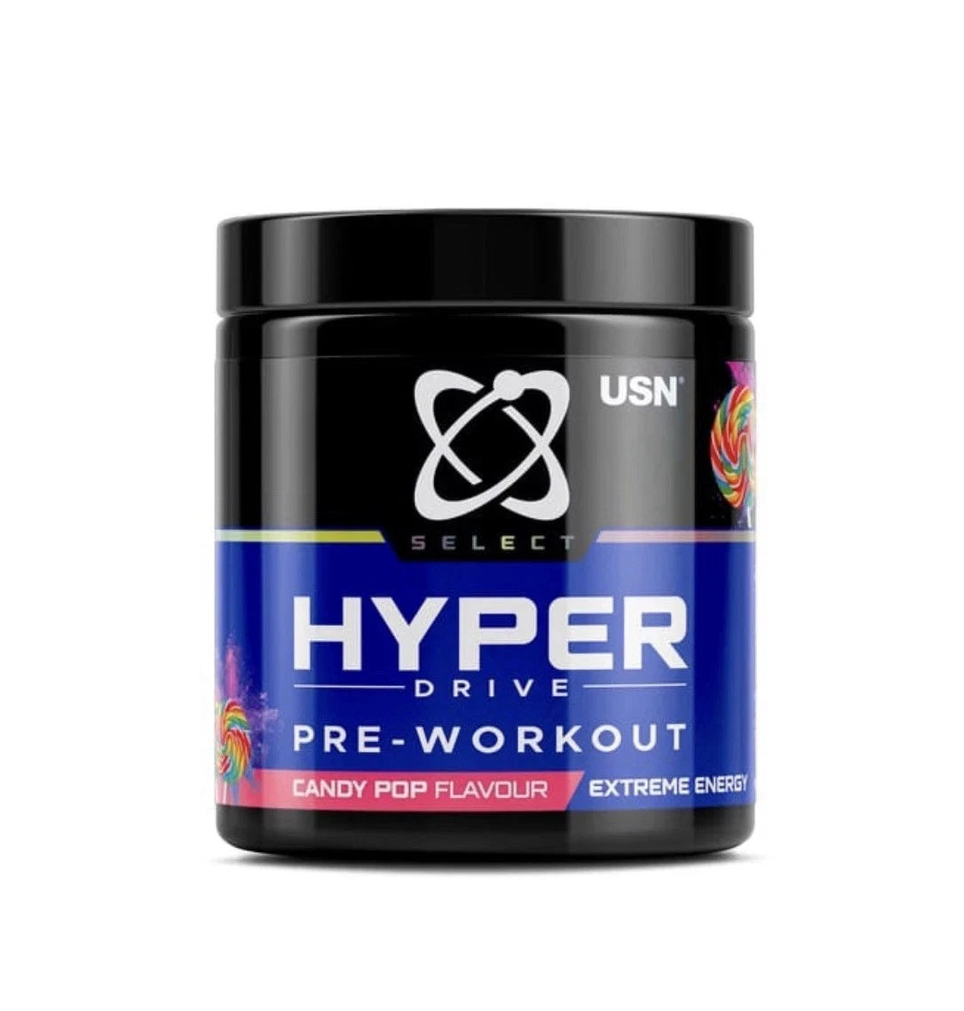 USN Select Hyper Drive pre-workout powder in Candy Pop flavor, showing the 150g container with vibrant packaging.