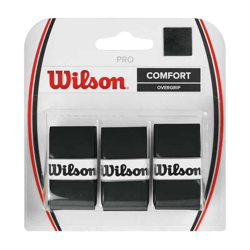 Wilson Pro Overgrip 3-pack in black, shown wrapped around tennis racket handle for enhanced grip and comfort.