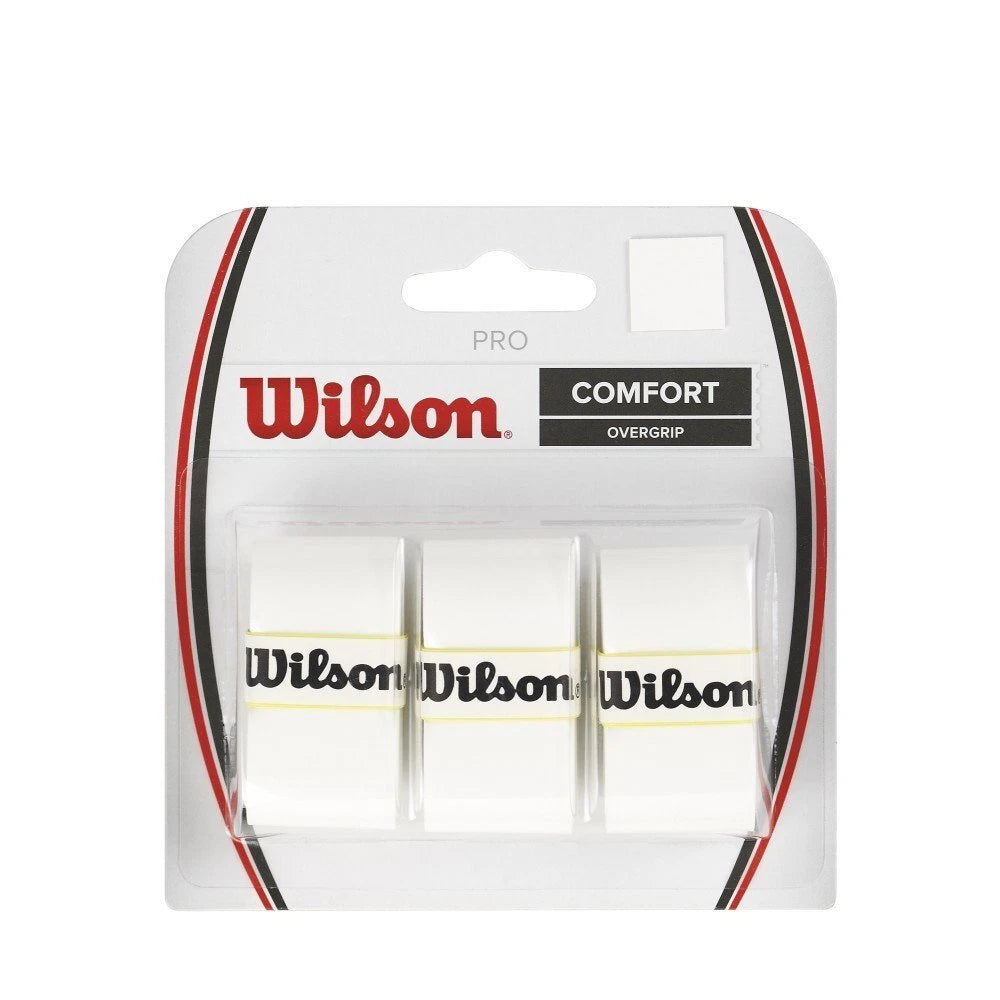 Wilson Pro Overgrip Comfort 3-pack in white, shown wrapped around a tennis racket handle for enhanced grip and comfort.
