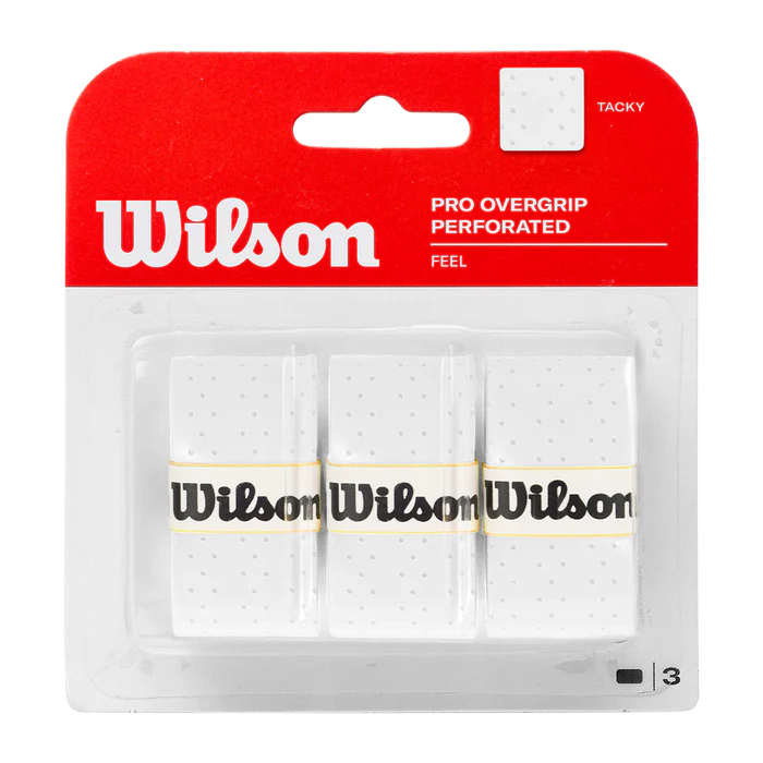 Wilson Pro Overgrip perforated tennis grip in white, shown in a 3-pack, designed for enhanced grip and comfort during play.