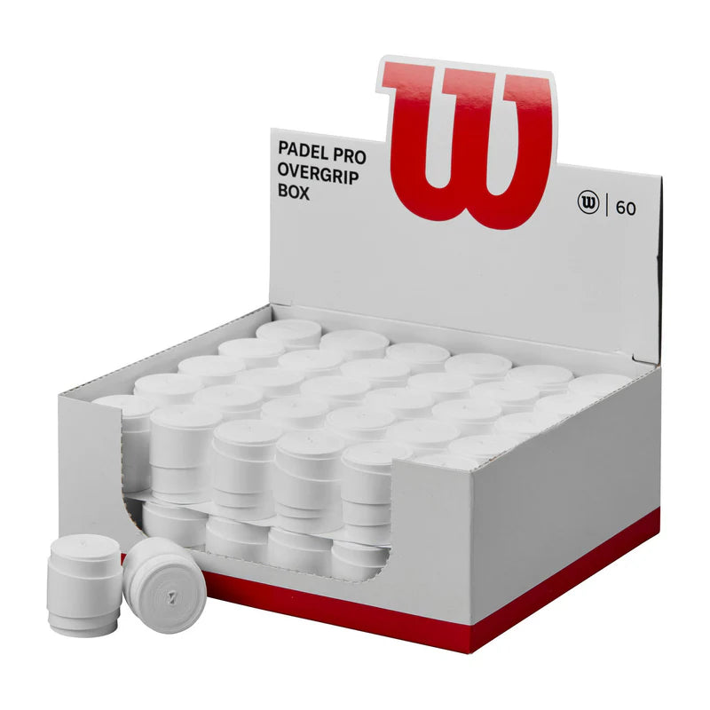 Wilson Pro Overgrip White 60 pack, tennis grip wraps shown in a neat stack, designed for improved racket handling and comfort.