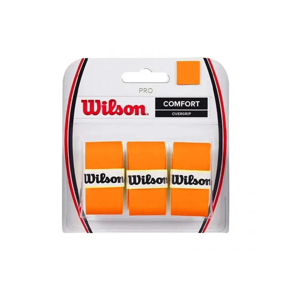 Wilson Pro Overgrip Comfort 3-pack in orange, showing textured tennis grip with soft surface for enhanced grip and comfort.