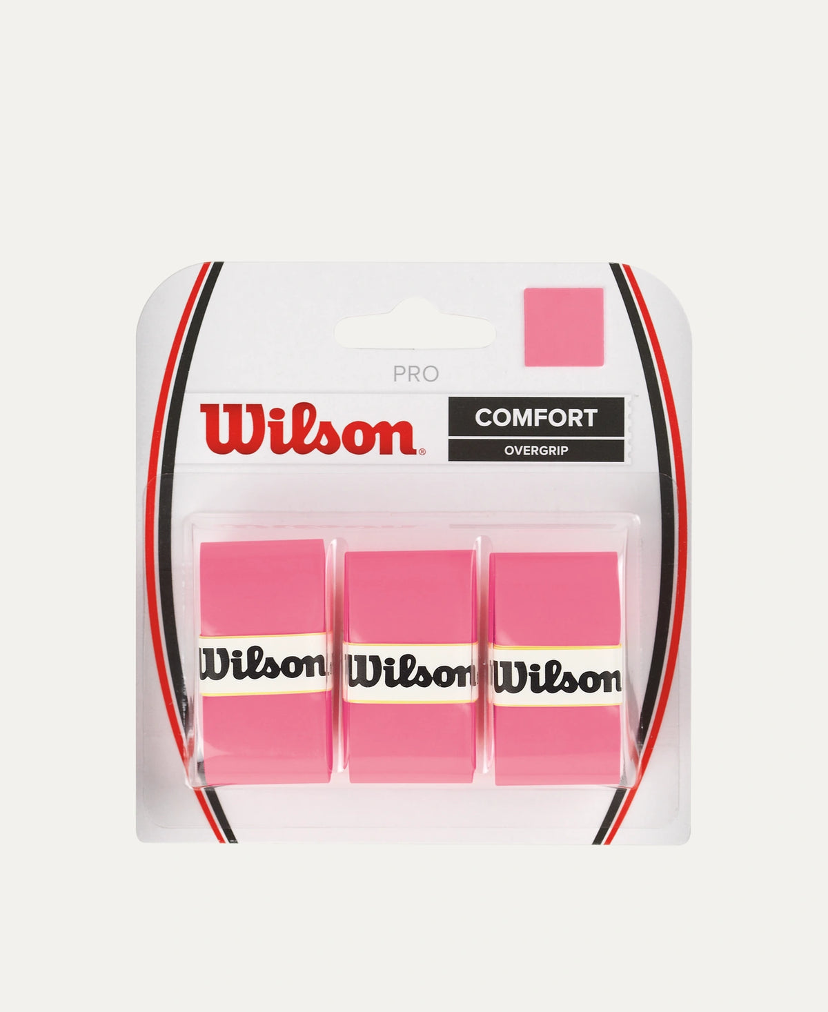 Wilson Pro Overgrip Comfort 3-pack in pink, showing soft grip texture and branded Wilson logo on the tennis overgrips.