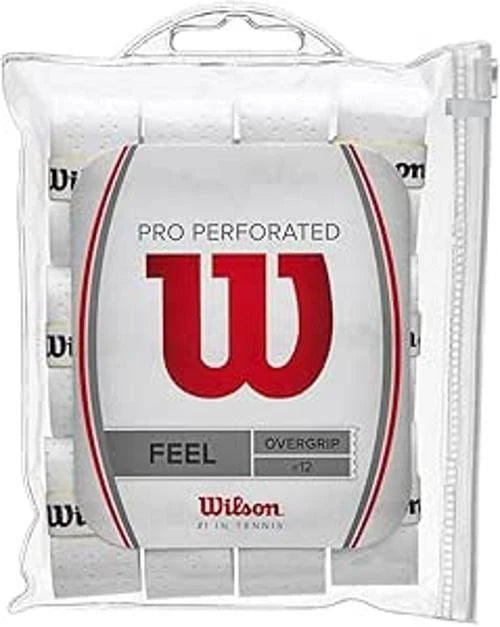 Wilson Pro Overgrip perforated white tennis grip pack, showing 12 individually wrapped overgrips for tennis rackets.