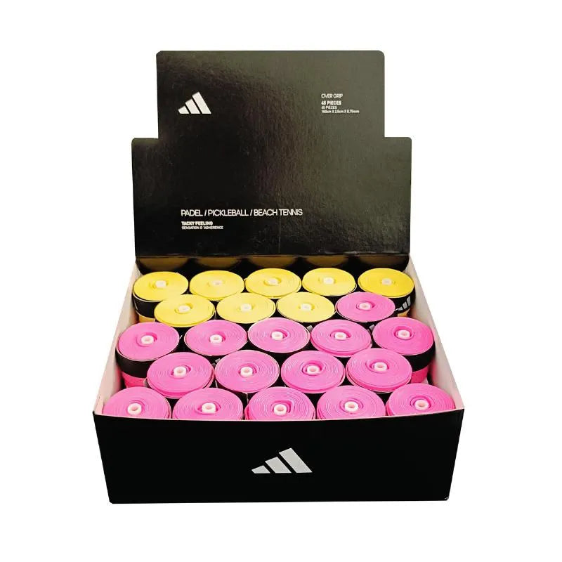 Multicolored Adidas overgrip box with 45 replacement grips, designed for tennis or badminton rackets.