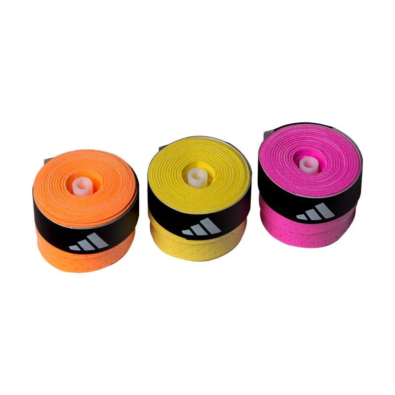 Multicolored Adidas overgrip box with 45 replacement grips for tennis or badminton rackets, shown in the image.