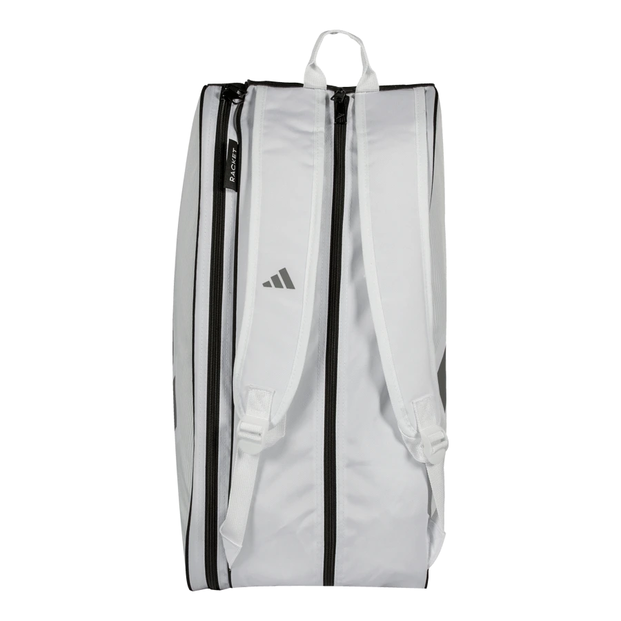 White Adidas Control 2026 Padel Bag with multiple compartments and padded straps for comfortable carrying