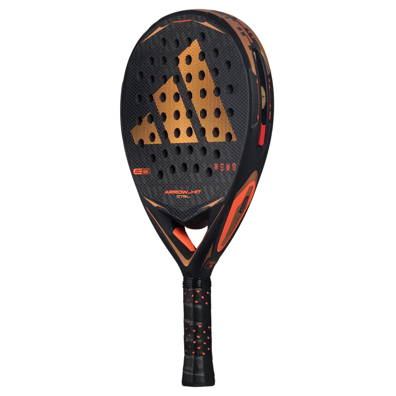Adidas Arrow Hit CTRL 2026 padel racket with black and orange design, lightweight frame, and textured hitting surface.