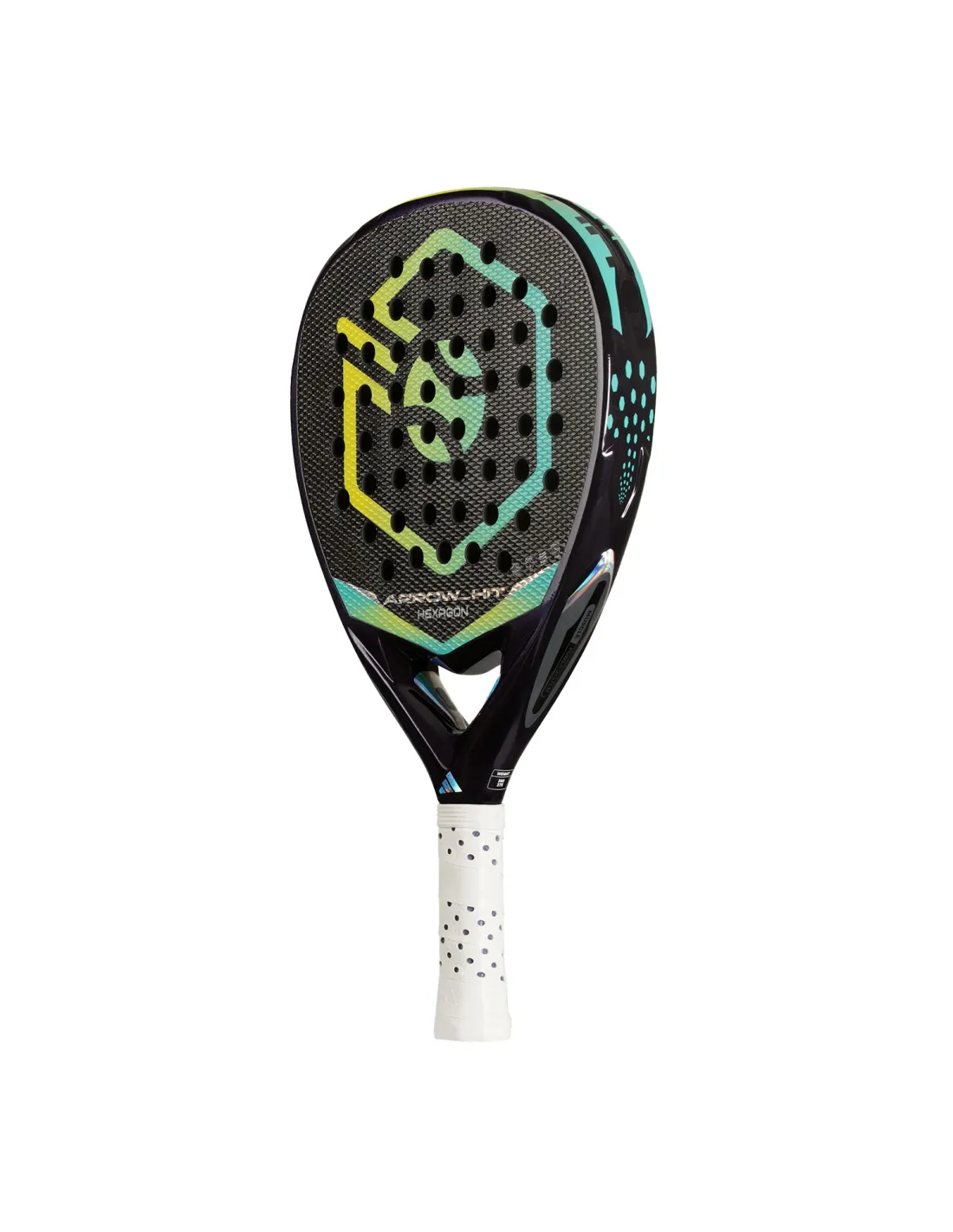 Adidas Arrow Hit Hexagon 2026 Padel Racket with hexagonal design, black and white color, and ergonomic grip for powerful play.