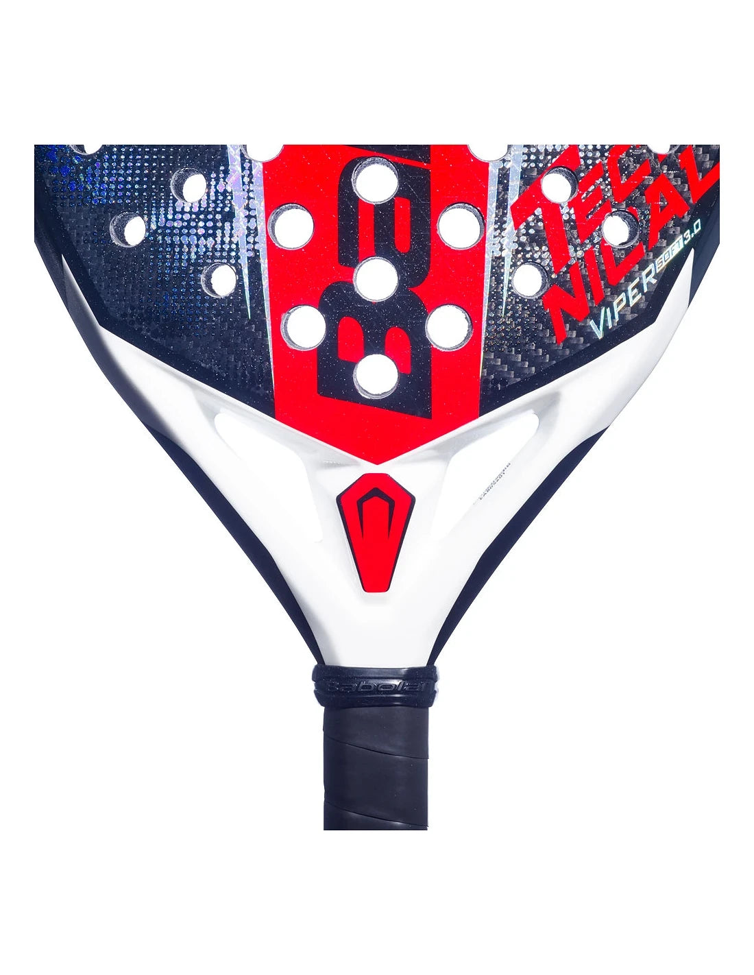 Babolat Technical Viper Soft 3.0 padel racket with black and red design, lightweight frame, and textured hitting surface.
