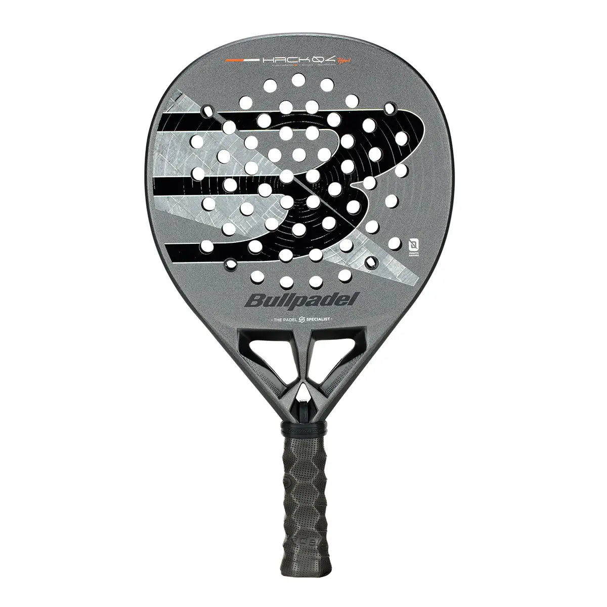 Bullpadel Hack 04 Hybrid padel racket in black and red with a textured surface and ergonomic grip, designed for powerful play.