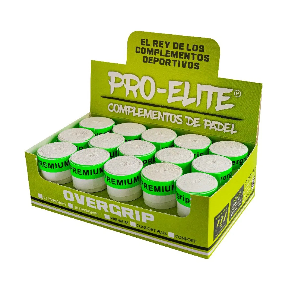 Pro Elite Premium Perforated White Single Overgrip showing textured surface and packaging for tennis or badminton racquet grip replacement.