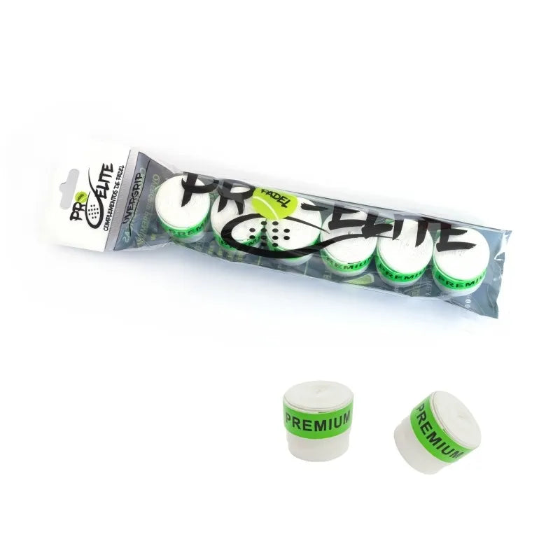 Six white PDLSport Pro Elite Premium Overgrips for tennis or badminton, showing textured surface and packaging.