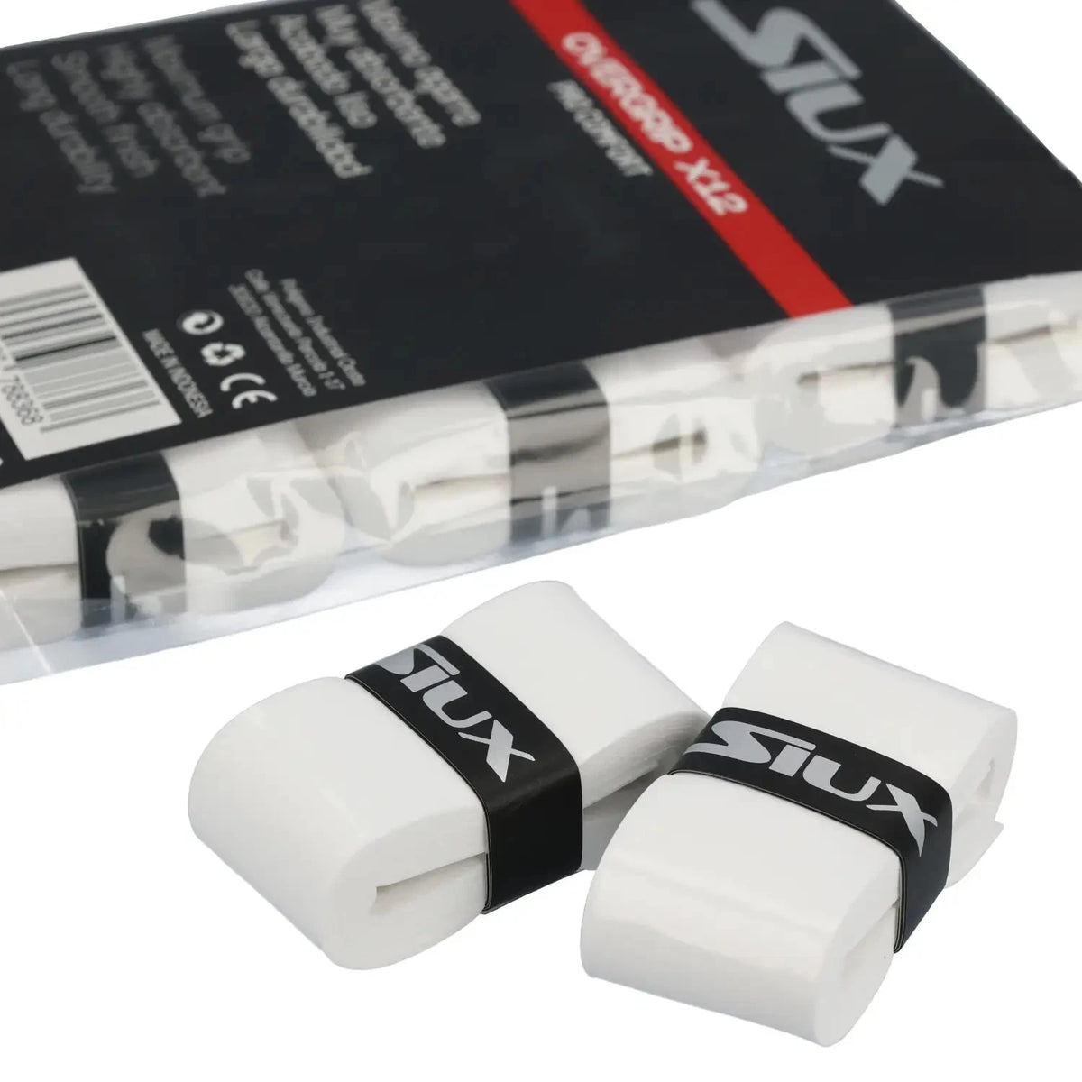 White Siux Pro Comfort X12 tennis overgrips by PDLSport, shown coiled and ready for tennis rackets.