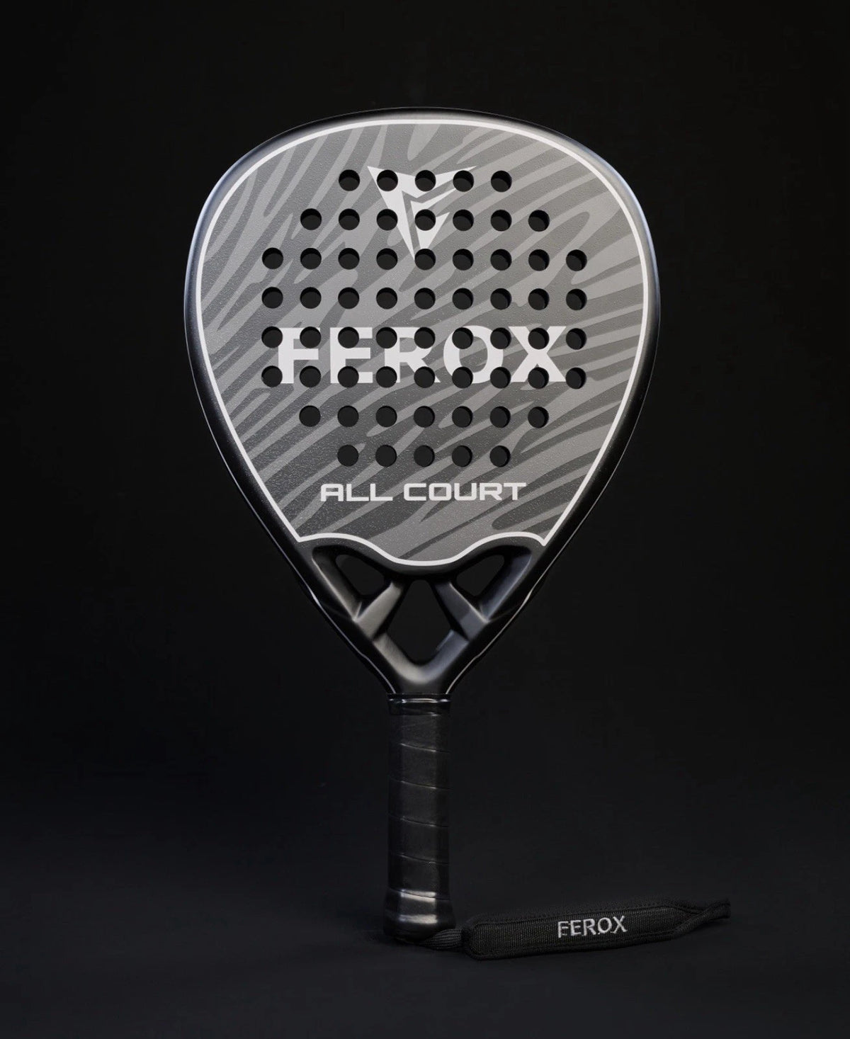 Ferox All Court 3K Padel Racket with black and blue design, featuring a lightweight frame and textured hitting surface.
