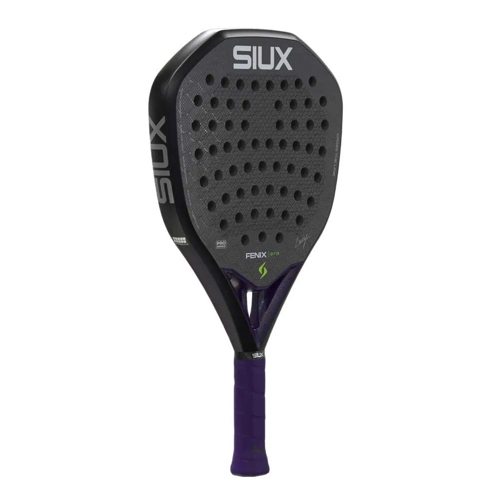 Purple Siux Fenix Pro 2026 padel racket with sleek design and brand logo, ideal for professional padel players.
