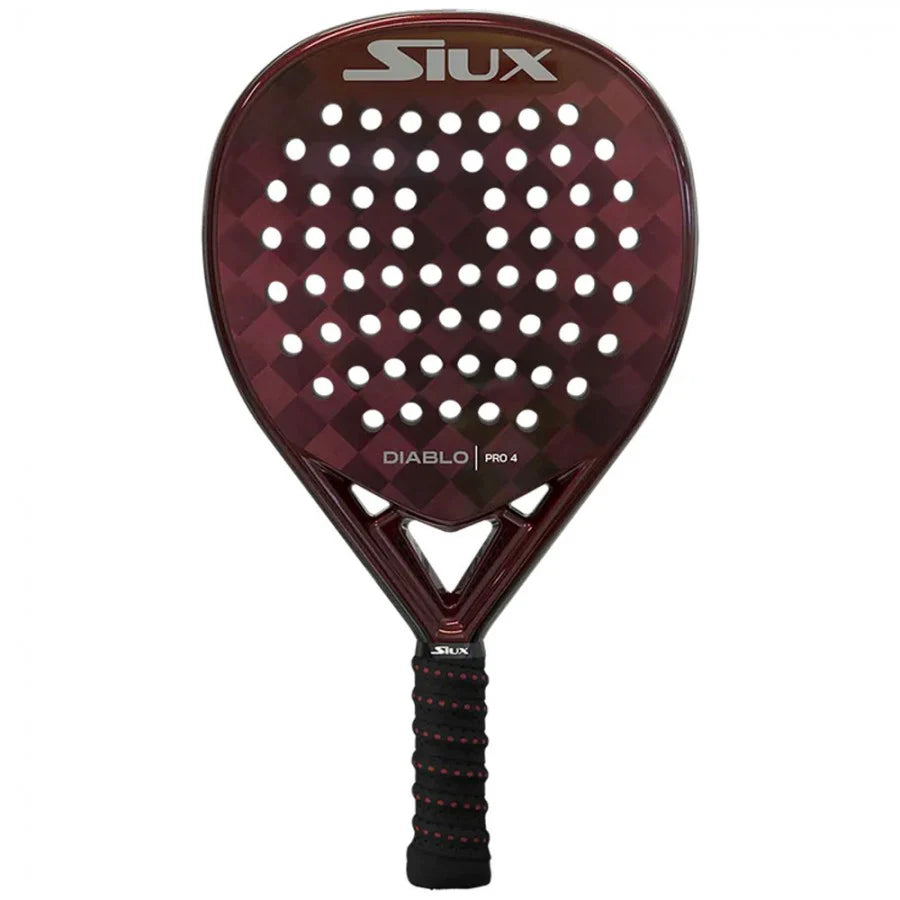 Siux Diablo Pro 4 2025 padel racket with black and yellow design, featuring a rounded shape and graphite frame for powerful shots.