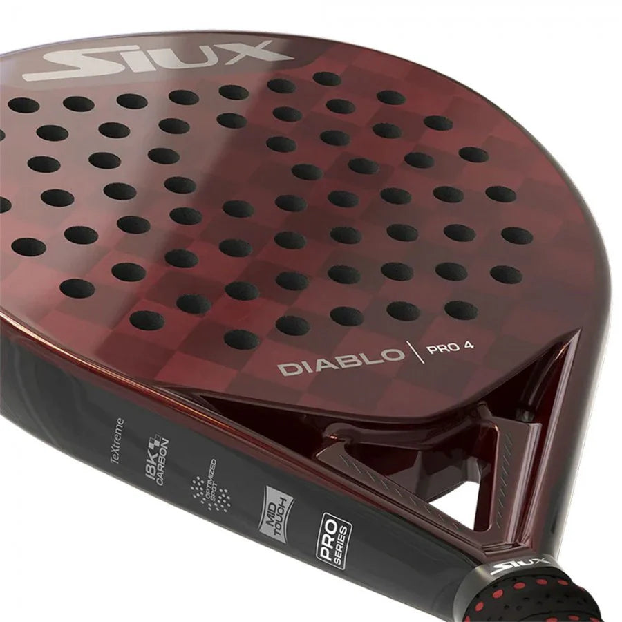 Siux Diablo Pro 4 2025 padel racket with black and red design, featuring a sleek, aerodynamic shape and grip handle.